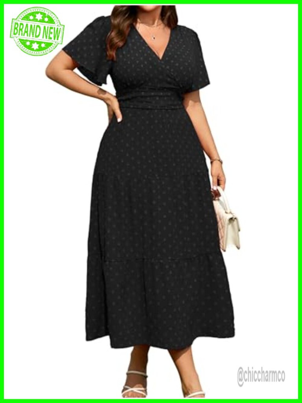 Plus Size Wrap V Neck Swiss Dot Maxi Dress Empire Waist Short Sleeve Tiered